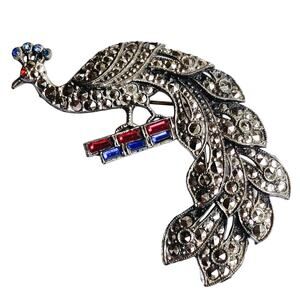 Vintage Mid Century Peacock Brooch, Patriotic Glass, Marcasite Style, 1950s Pin